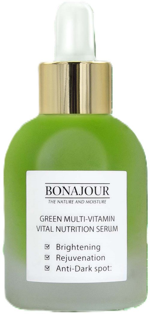 Green bottle with a dropper cap, labeled as a vitamin serum, claims to brighten, rejuvenate, and reduce dark spots.