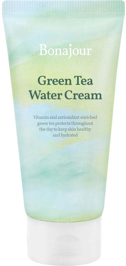 Eine grüne Tube mit der Beschriftung 'Bonjour Green Tea Water Cream' und Beschreibung zu Antioxidantien und Hauthydration.
