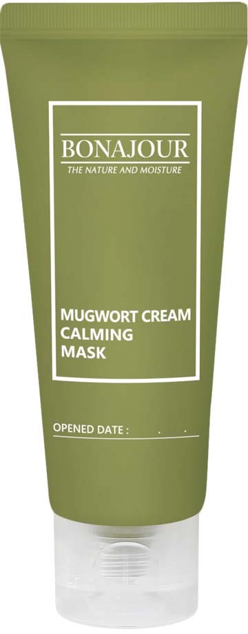 Grønn tube med mugwort-krem beroligende masker, hvit tekst og tom linje for åpningdato.