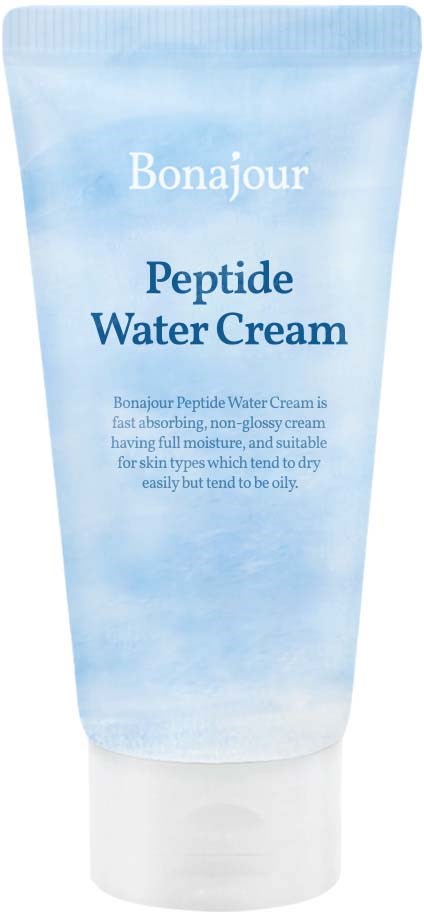 Blue tube of Bonajour Peptide Water Cream with product description text.