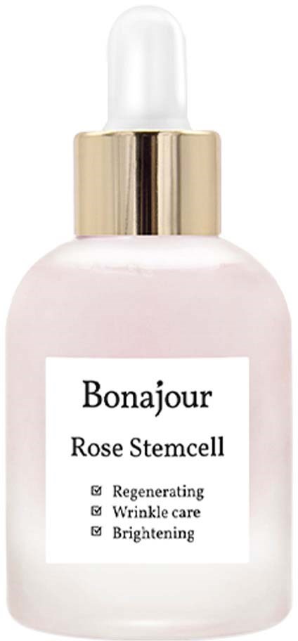 Een witte fles met pipet bevat huidverzorgingsserum, gelabeld "Bonjour Rose Stemcell." Het belooft regeneratie, rimpelverzorging en verheldering.