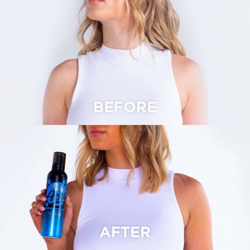 Vergleich zeigt eine Frau vor und nach der Verwendung von Haarspray, wobei sie das Spray im zweiten Bild hält.