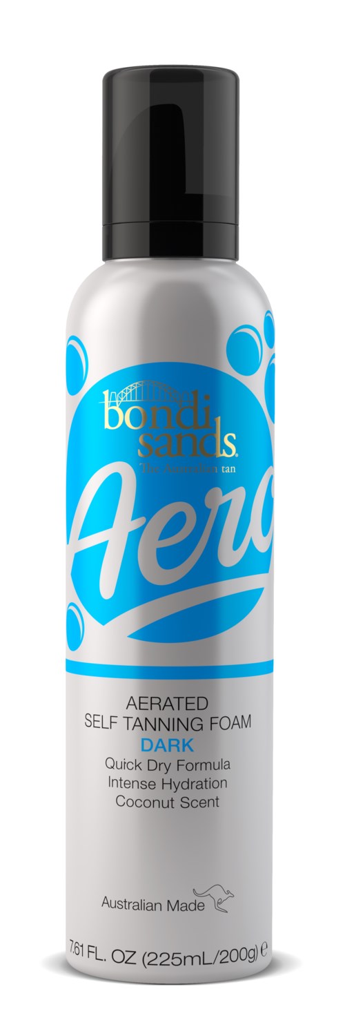 Aerosol bottle of Bondi Sands Aero self-tanning foam with a coconut scent, designed for quick, dark tanning.