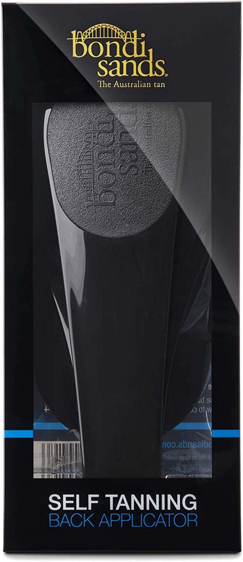 Black packaging with gold and blue text. It shows a tanning product labeled 'Self Tanning Back Applicator.'