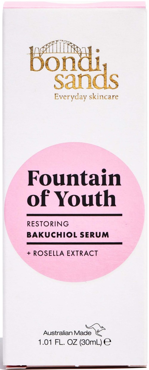 Bondi Sands hudvårdsförpackning med rosa cirkel, svart och guld text om en serum för ungdomlig hud med rosextrakt.