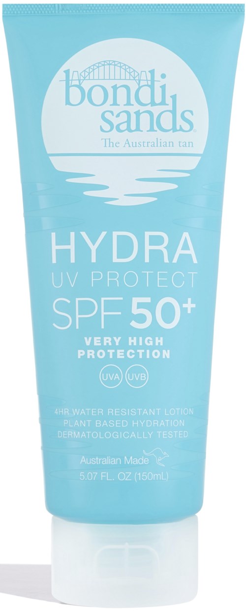En ljusblå lotionflaska med märket 'Bondi Sands' och 'Hydra UV Protect SPF 50+' skrivet på den.