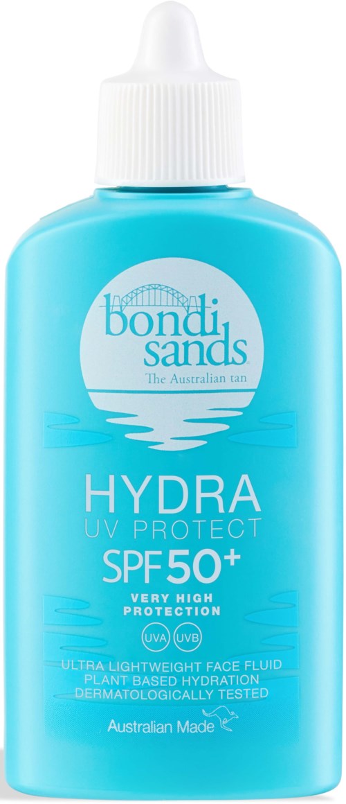 Blå flaske med Bondi Sands solkrem med SPF 50+ for svært høyt beskyttelse. Den er lett og dermatologisk testet.