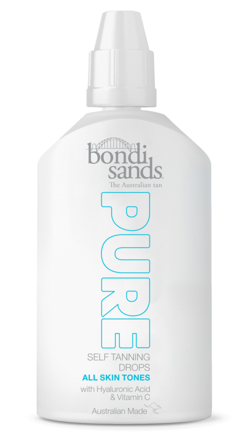 En vit flaska med droppkork märkt 'Bondi Sands Pure Self Tanning Drops' för bränna huden.