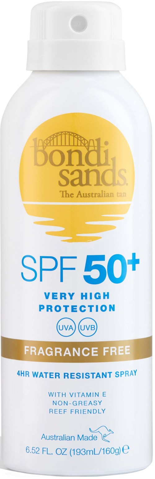 A white spray bottle with SPF 50+ protection label, gold and blue text, and a sea-themed design, indicating sun protection.