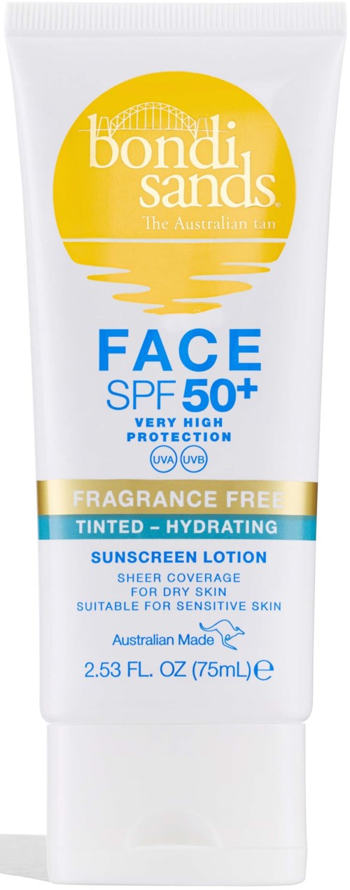 A white tube of Bondi Sands face sunscreen with SPF 50+ and blue and gold text, saying it's fragrance free.