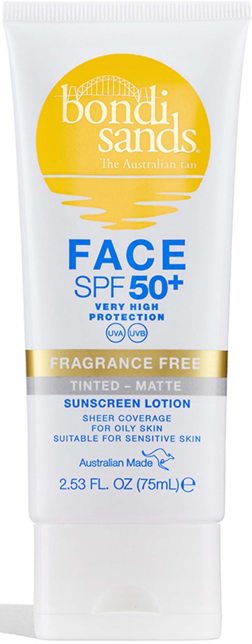 A white tube of sunscreen lotion with blue, gold, and white text. It says 'Bondi Sands' and 'Face SPF 50+'.