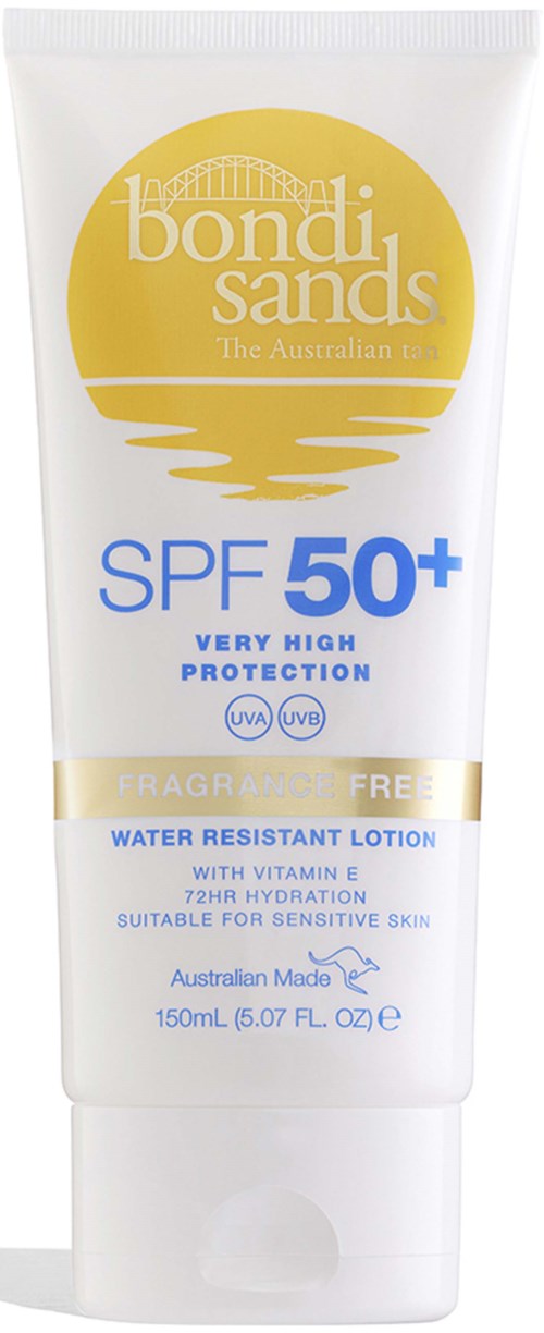 A white tube of sunscreen lotion with yellow and blue labels, indicating SPF 50+ protection, water resistant, fragrance-free, and suitable for sensitive skin.