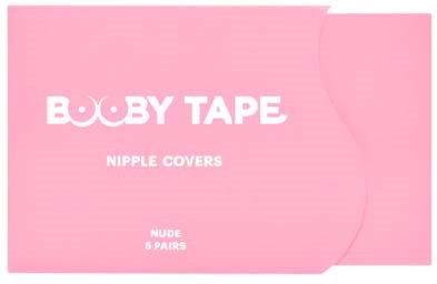 Rosa låda med texten 'BOOBY TAPE' och bröstvårtskuddar, fem par inuti.