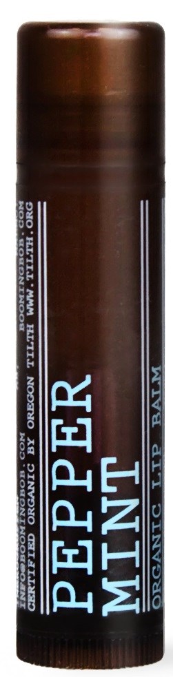 Brunystor z białym i niebieskim tekstem mówiącym "Peppermint" i "Organic Lip Balm".