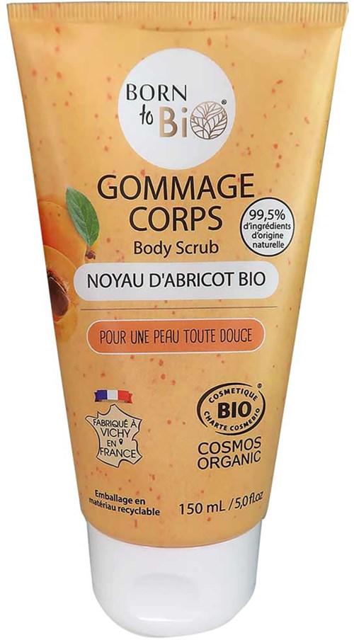 A peach-colored tube of organic body scrub with apricot kernel, labeled 'Born to Bio,' suitable for all skin types, recyclable packaging.