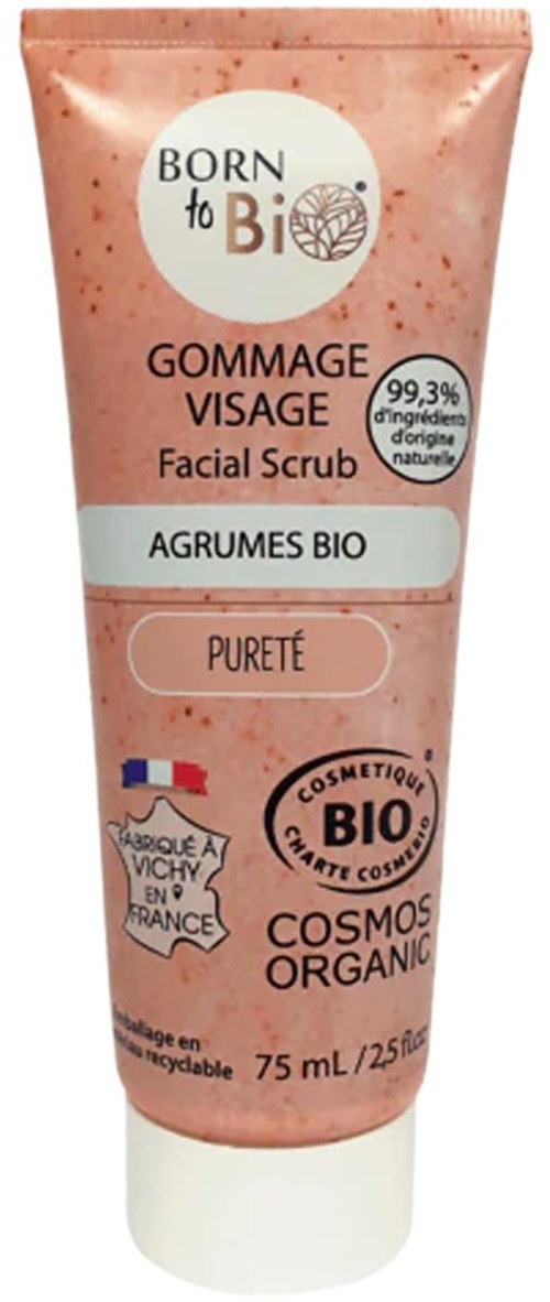Facial scrub tube labeled bio ingredients, French flag, and organic logo, with peach color and white cap.