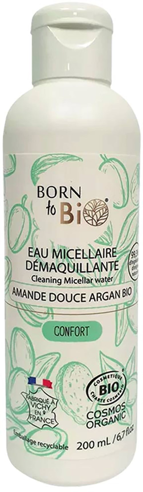 A white bottle with green illustrations and text, labeled as organic makeup removal micellar water with almonds and argan oil.