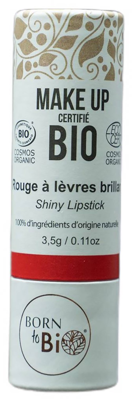 ABIO certified organic lipstick with a gold and white design, packaged in a white and red tube.