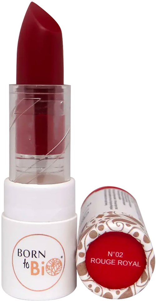 Red lipstick in a white tube, labeled "Born to Be" and "N°02 Rouge Royal."