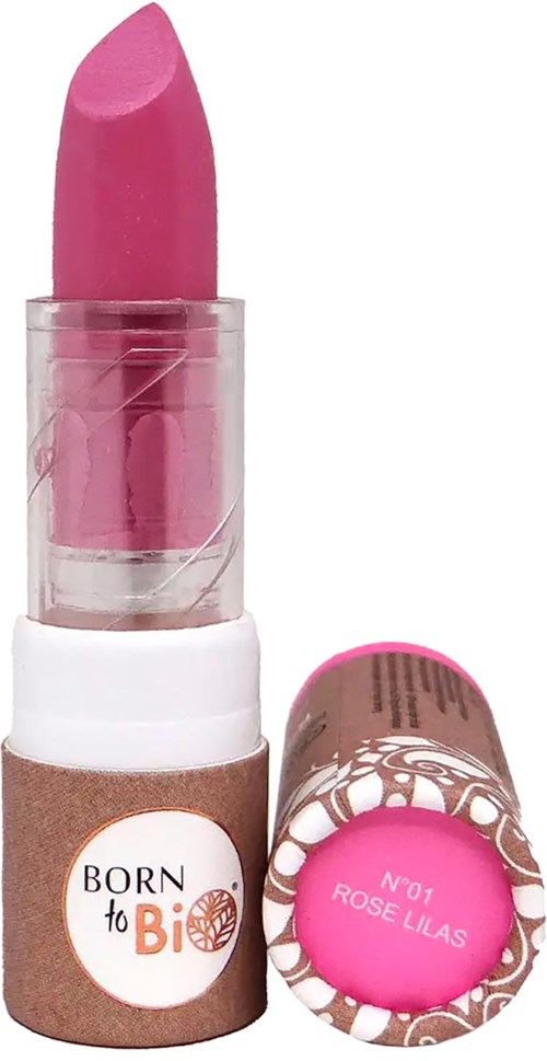 Ein rosa Lippenstift in einem weißen und braunen Gehäuse mit der Aufschrift 'Born to Bi' und passendem Deckel.