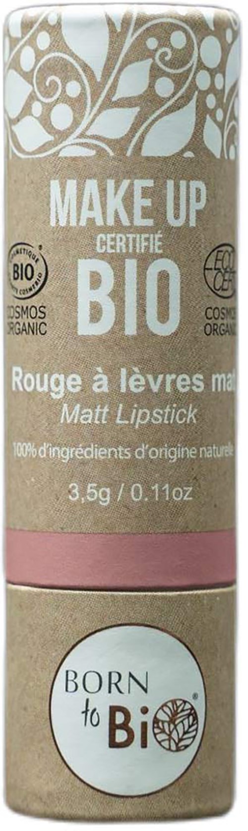 Bio-zertifizierter veganer Lippenstift in beige und rosa Verpackung mit Pflanzen- und Logodesign, mit "Born to Bio" bezeichnet.