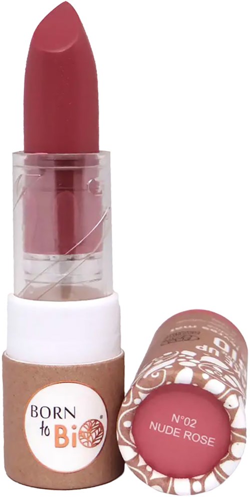 Ein pinker Lippenstift mit transparentem Deckel und weiß-braunem Boden, beschriftet 'Born to Be'.