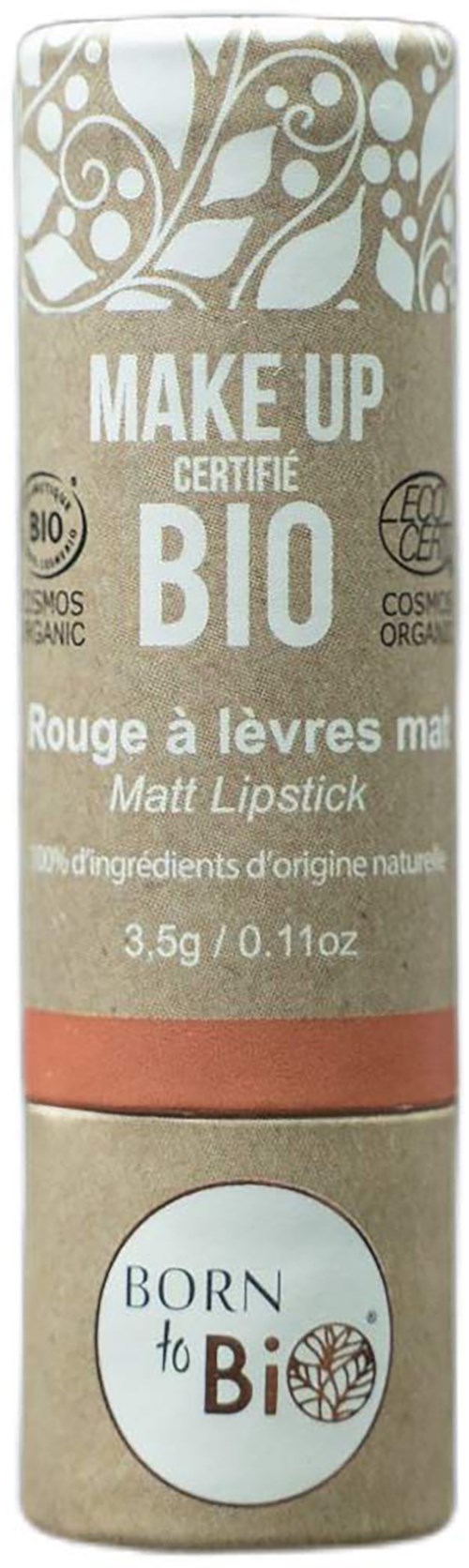 Ein natürlicher, biologischer Lippenstift mit Bio-Zertifizierung, Marke 'Born to Bio', schlicht und umweltfreundlich gestaltet.