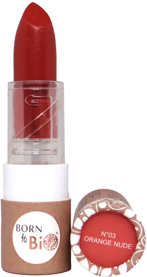 Ein Lippenstift in transparentem Case, beschriftet 'Born to be Bio', in Orange Nude Farbe.
