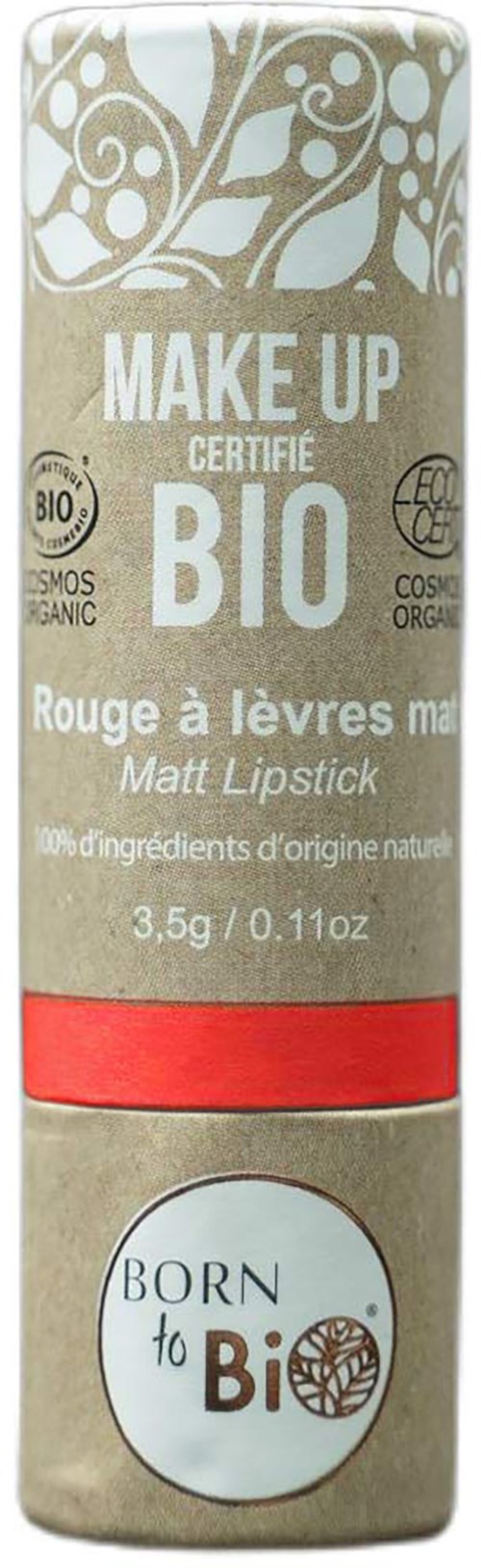 Ein beige Slimme mit rotem Band, gekennzeichnet als Bio-Matten-Lippenstift, mit Logos und Text über Bio-Zertifizierung und natürliche Inhaltsstoffe.