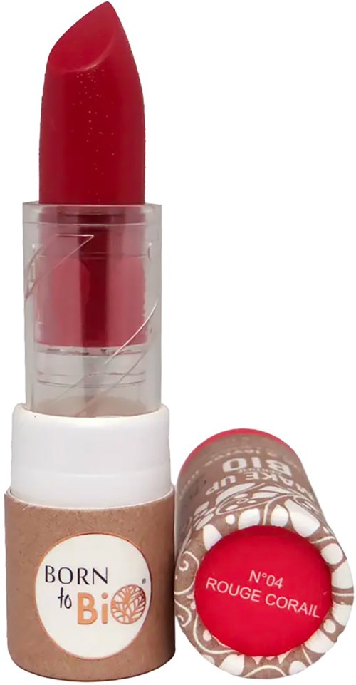 Roter Lippenstift mit Blumenmuster-Label, bezeichnet 'Born to Be' in Farbton 'Rouge Corail.'