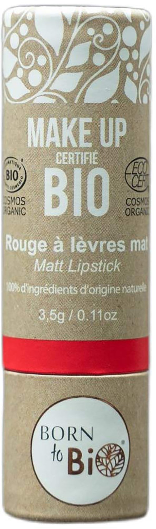 Ein beiger Behälter mit organischem matten Lippenstift, weiß-rote Akzente, Text über Zertifizierung und Inhaltsstoffe.