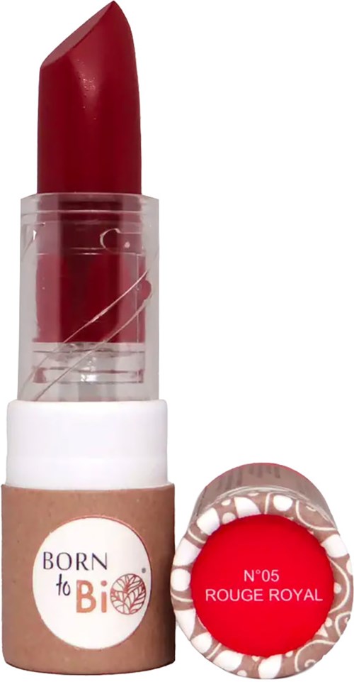 Roter Lippenstift in durchsichtigem Etui mit beige-weißer Beschriftung 'Born to Be'.