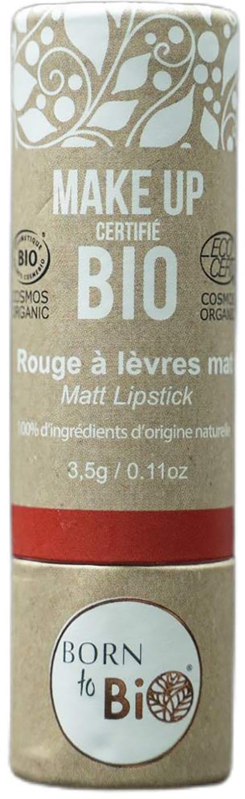 Ein natürlicher, Bio-zertifizierter Lippenstift mit beigebrunem und rotem Design, beschriftet 'Make Up BIO' und 'Born to Bio'.