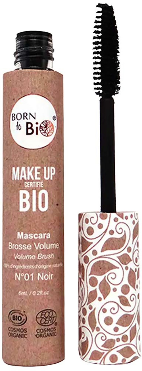Ein Mascara-Tube mit der Bezeichnung 'Born to Bio' und einem gebogenen, gemusterten Deckel sowie einer offenen Bürste mit dicken, schwarzen Borsten.