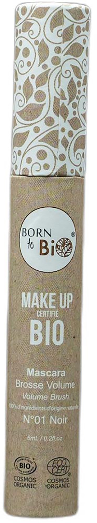 Ein Make-up-Mascara-Röhrchen mit der Aufschrift "Born to Bio", mit dekorativem Deckel und umweltfreundlichen Zertifizierungen am unteren Ende.