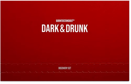 Punainen laatikko, jossa valkoinen teksti: 'BornToStandOut DARK & DRUNK Discovery Set'.