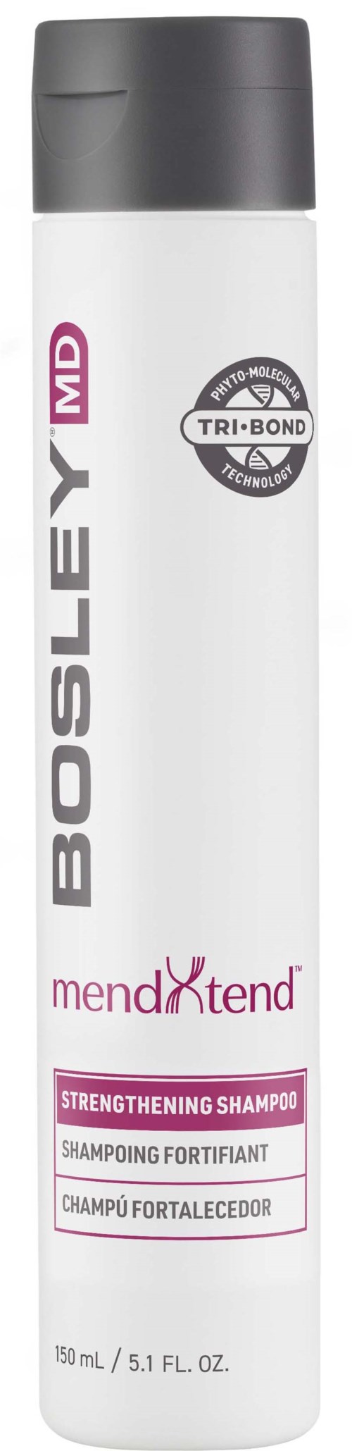 Een witte fles met Bosley MD MendXtend versterkende shampoo, grijze dop en roze tekst.