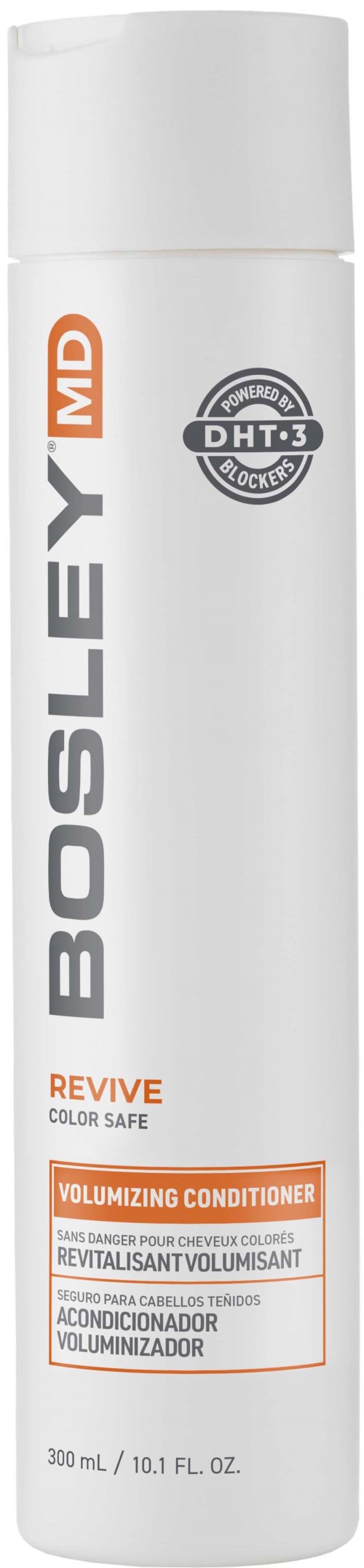 Een lange witte bus met oranje en zwarte tekst, gemerkt Bosley MD Revive volumiserende conditioner.