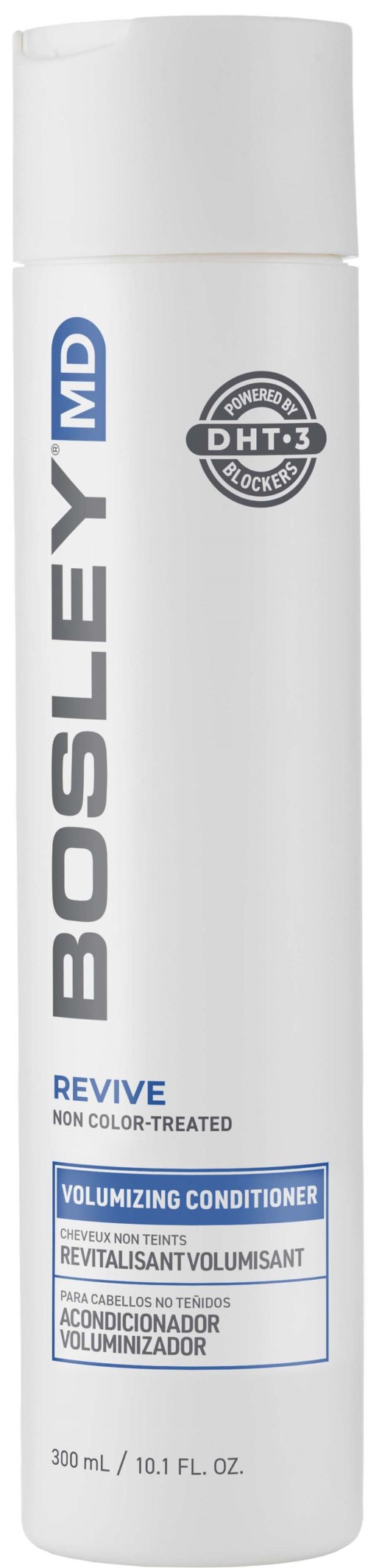 Een lange witte fles met blauwe en zwarte tekst, gelabeld als Bosley MD Revive volumizing conditioner.
