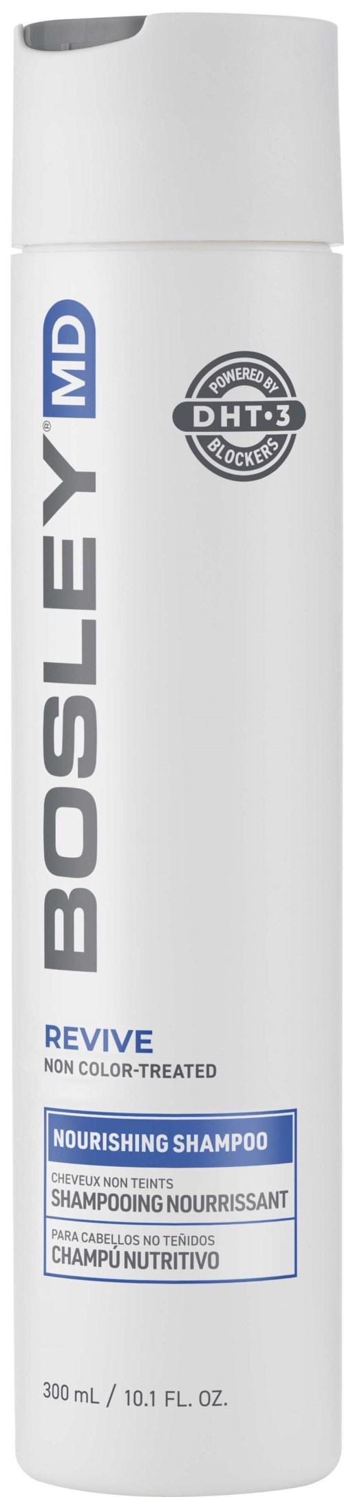 Een witte fles Bosley MD Revive voedende shampoo met blauwe en zwarte labels.