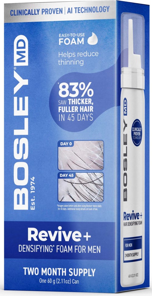 Verpakking toont een schuimhaarproduct voor mannen, belooft haaruitval te verminderen en haar dikker te maken in 45 dagen.