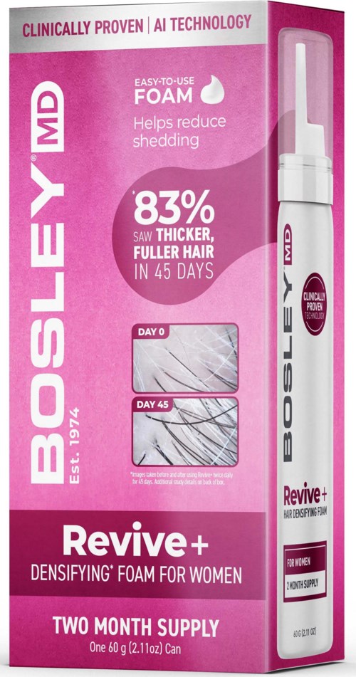 Roze doos met schuimapplikator, bevordert haargroei. Toont voor- en na-beelden. Noemt 83% dikker, twee maanden voorraad.