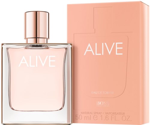 En parfyllflaska och en förpackning med ordet 'ALIVE' i vitt, rosa färgtema och en metallkork.