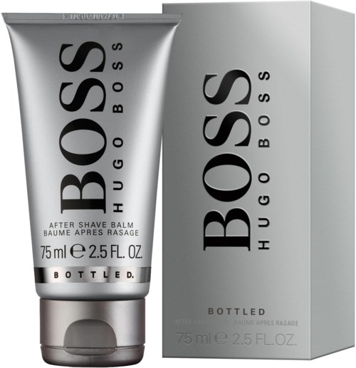 En sølvfarvet tube og æske med Hugo Boss eftershavebalsam, 75 ml, med sort tekst og enkel design.
