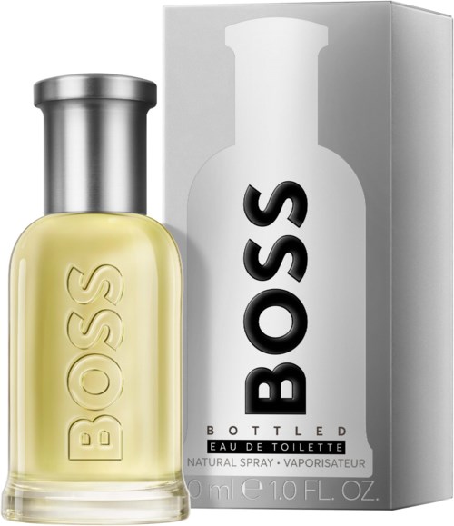 En Boss Bottled Eau de Toilette parfume flaske med sølvprop og hvid emballageboks. Flasken er fyldt med gul væske.