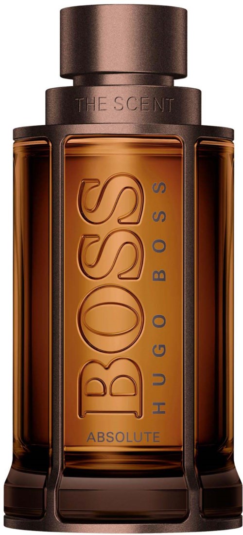 Kahvinvärinen hajuvesipullo mustalla korkilla, jossa lukee 'Hugo Boss Absolute', seisoo pystyasennossa tyylikkäällä suunnittelulla.