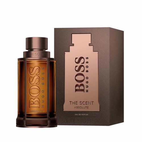 Hugo Boss -hajuvesipullo ja laatikko, joissa lukee 'The Scent Absolute' ruskeana ja mustana.