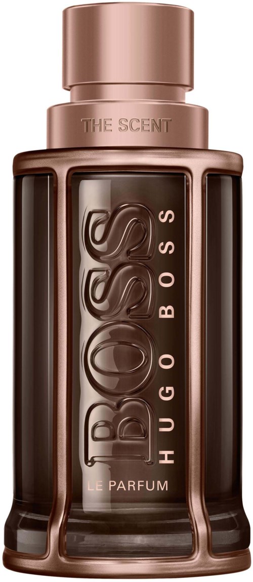 En parfyllflaska i brunt och roseguld, med orden 'HUGO BOSS' och 'THE SCENT' på den.