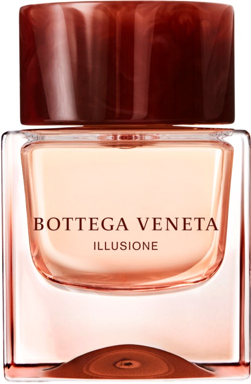 Bottega Veneta Illusione Parfümflasche mit dunkelrotem Deckel und klarem Glas, das hellfarbige Flüssigkeit zeigt.