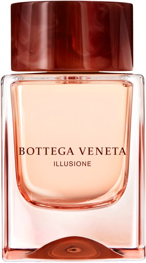 Ein Parfümflasche mit hellrosa Flüssigkeit, braunem Deckel und dem Markennamen 'Bottega Veneta Illusione'.